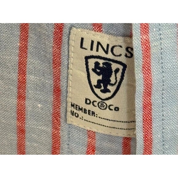 Lincs shirt David Chu DC Mens L Button Down Shirt Cotton Linen Blue Red striped - Picture 2 of 2